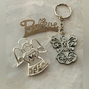 Silver Tone Angels and Believe Pin and Keychain Set of 3